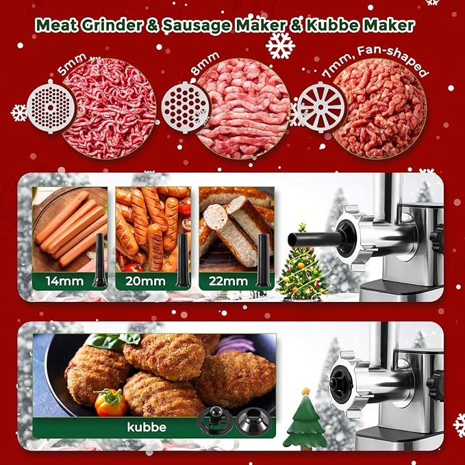 Flyseago Meat Grinder Electric 3200w High Capacity Commercial Heavy Duty Meat Grinder and Sausage Stuffers, Kubbe Kit for Household Use & Commercial