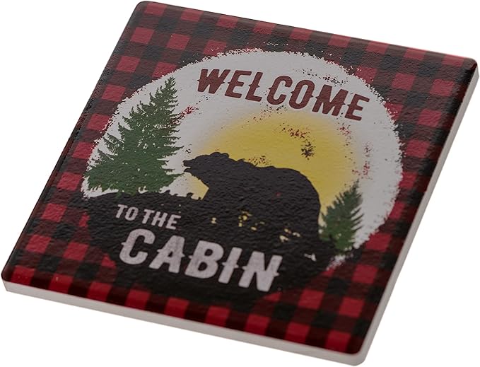 Pine Ridge Black Bear Buffalo Plaid Coasters for Drinks - Welcome to The Cabin and Don't Wake The Bear Design with Cork Pads Coaster Set of 6