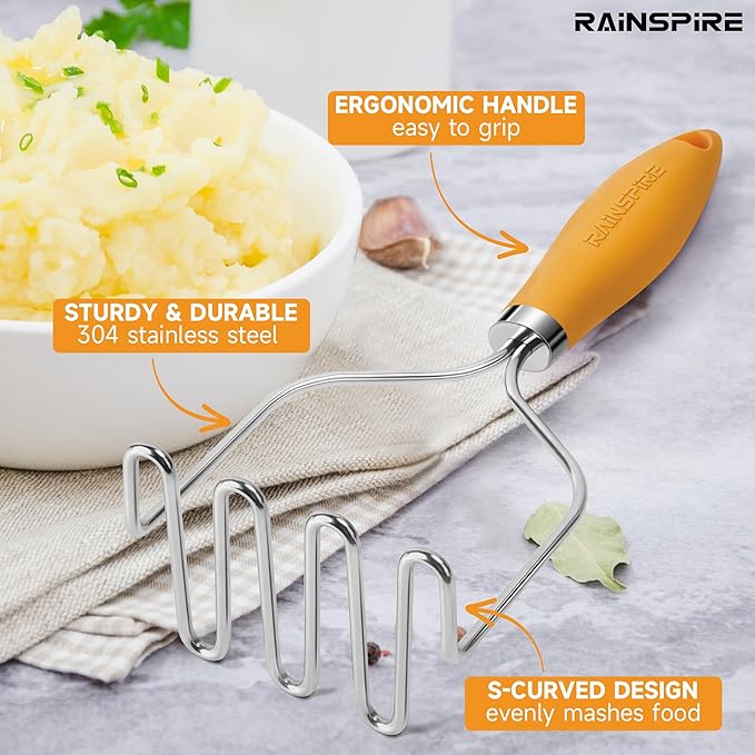 Rainspire Potato Masher Stainless Steel, Mashed Potato Masher Kitchen Tool, Durable Mash Potatoes Masher, Soft Non-slip Handle, Kitchen Utensils, Kitchen Gadgets, Orange