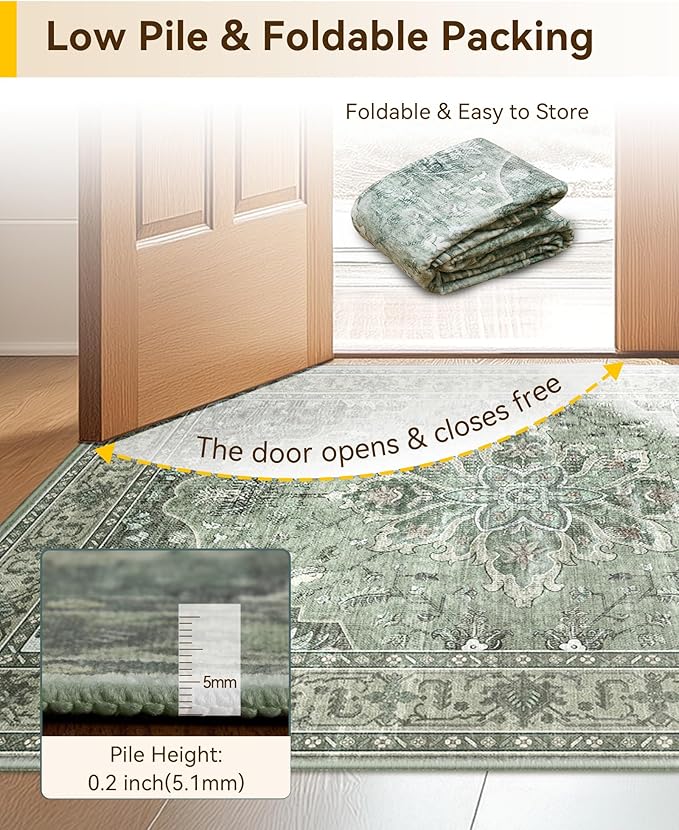 Area Rugs 2'x5' Runner Rug Non Slip Washable for Kitchen Hallway Bedroom Beside Laundry Room Bathroom Rug, Floor Carpet, Dark Green Gray