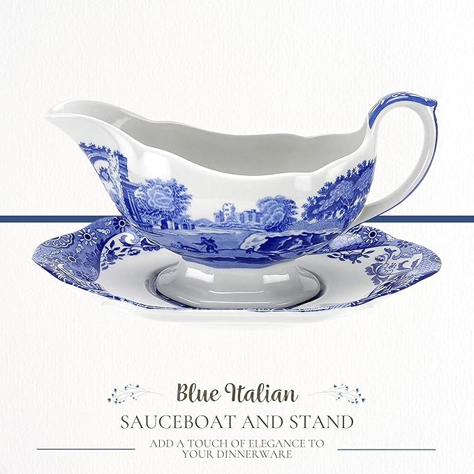 Spode Blue Italian 9 Oz Gravy Boat and Saucer, Earthenware Sauce Boat with Large Handle, Classic Countryside Design, Perfect for Gravy, Sauces, Salad Dressings, Dishwasher & Microwave Safe