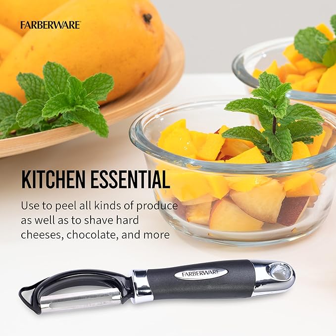 Farberware Euro Peeler, a Kitchen Essential for Quick and Easy Peeling of Produce, Chocolate, Cheeses and More. Features Hang-Hole for Easy Storage, Dishwasher Safe, Black