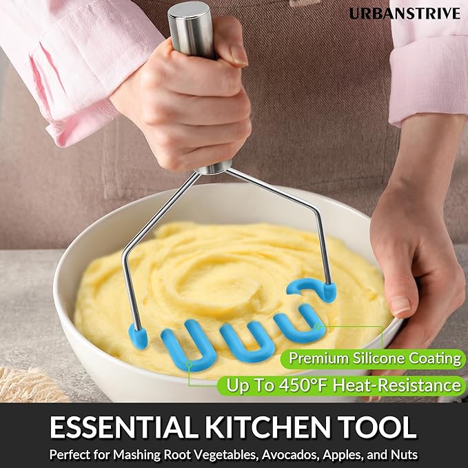 Urbanstrive Non-Scratch Silicone Potato Masher Kitchen Tool, Potatoes Masher Potato Masher Stainless Steel Wrapped In Premium Silicone, Potato Smasher, Blue