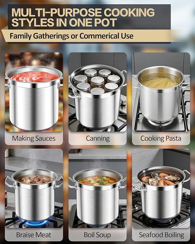 STOCKPOT 50 Quart Stainless Steel Stock Pot with Lid – Heavy Duty Cooking Pot for Soup, Commercial Soup Pots, 3-Ply Induction Bottom, Oven Safe