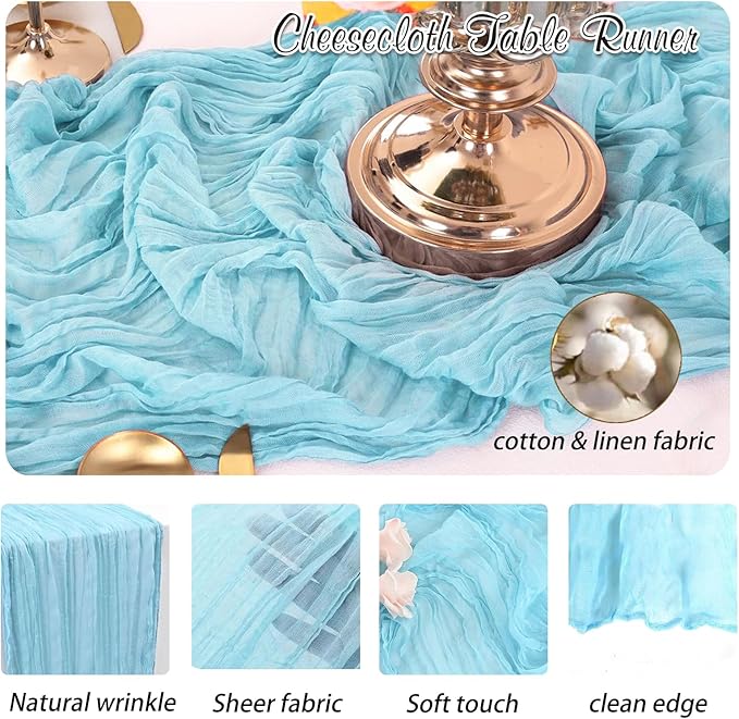 Baby Blue Cheesecloth Table Runner 1 Pack 35" Boho Gauze Runner 120 inches Long Rustic Sheer Fabric Bulk for Baby Shower Wedding Bridal Birthday Party Table Decorations