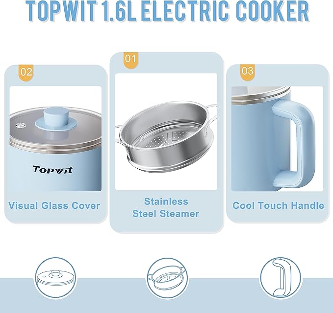Topwit Hot Pot Electric with Steamer, 1.6L Ramen Cooker, Electric Pot for Pasta, Shabu-Shabu, Oatmeal, Soup and Egg, Portable Cooker with Dual Power Control, Dorm Room Essentials, Blue