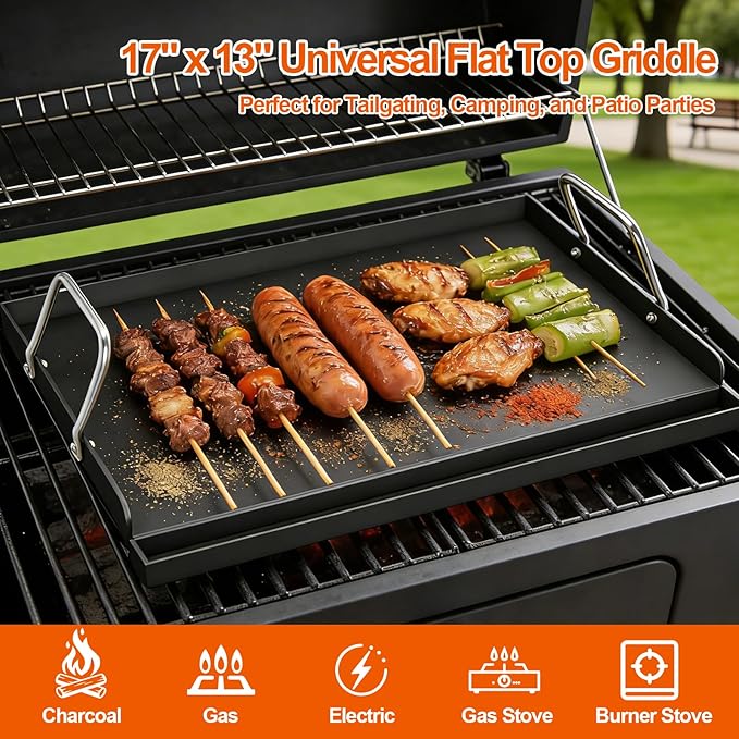 17" x 13" Cast Iron Griddle for Gas Grill, Universal Flat Top with Nano-Ceramic Nonstick Coating, Grease Groove and High Sidewalls, Griddle Plate Insert for Camping, Tailgating and Parties