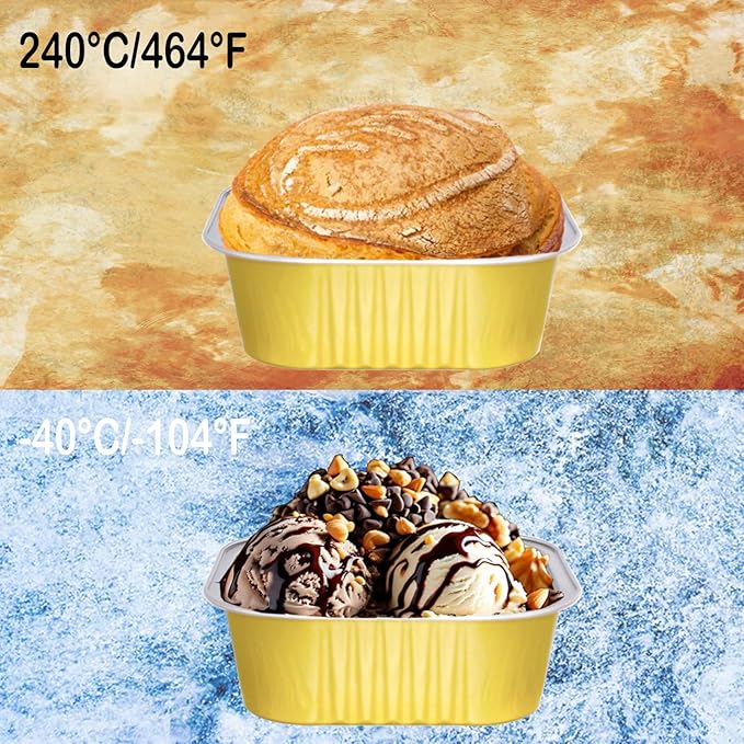 BZIDII 10oz Mini Cake Pans With Lids 50 Pack Aluminum Foil Square Brownie Baking Cups,Disposable Loaf Pans With Lids and Spoons Stickers,Large Cupcake Pans Muffin Tins Cake Container (Gold)