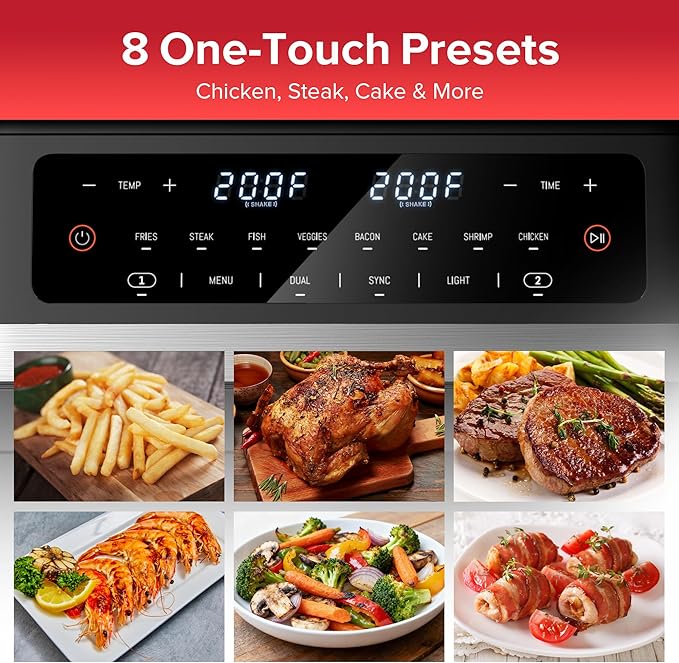 HoninJoy 12QT Large Dual Basket Air Fryer with Flex Basket, Viewing Window and 50PCS Paper Liners, 12-in-1 Family Size with Sync & Dual & Light, Double Zone for Bake, Roast, Reheat, Dishwasher Safe