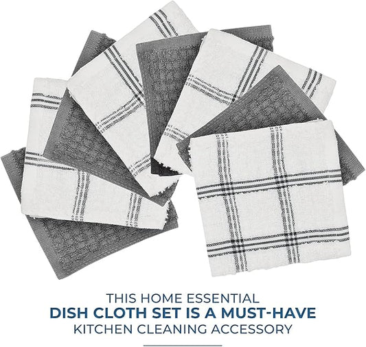 DAN RIVER Premium Dish Cloth 100% Cotton 12 X 12 Inches |Pack of 8|-Ultra Soft Tea Towels-Highly Absorbent Kitchen Rags-Terry Dishcloth for Kitchen and Household Cleaning |Grey|