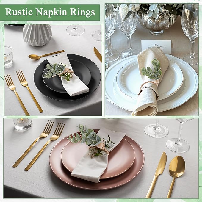 Amabro Napkin Rings Set of 6, Rustic Farmhouse Boho Green Leaf Eucalyptus Wood Bead Napkin Rings Holder for Fall Spring Thanksgiving Christmas Easter Weddings Table Decor