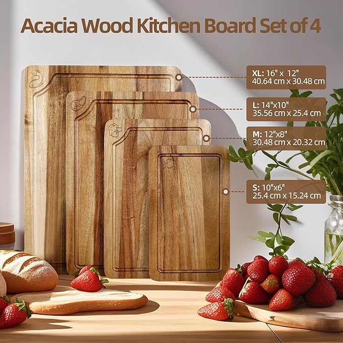 WILLKOMMEN Acacia Wood Cutting Boards Set for Kitchen, 4-Piece Chopping Board Set with Food Icon (Meat, Fish, Vegetables, Fruits) Wooden Butcher Block with Stands & Juice Groove (S,M,L,XL)