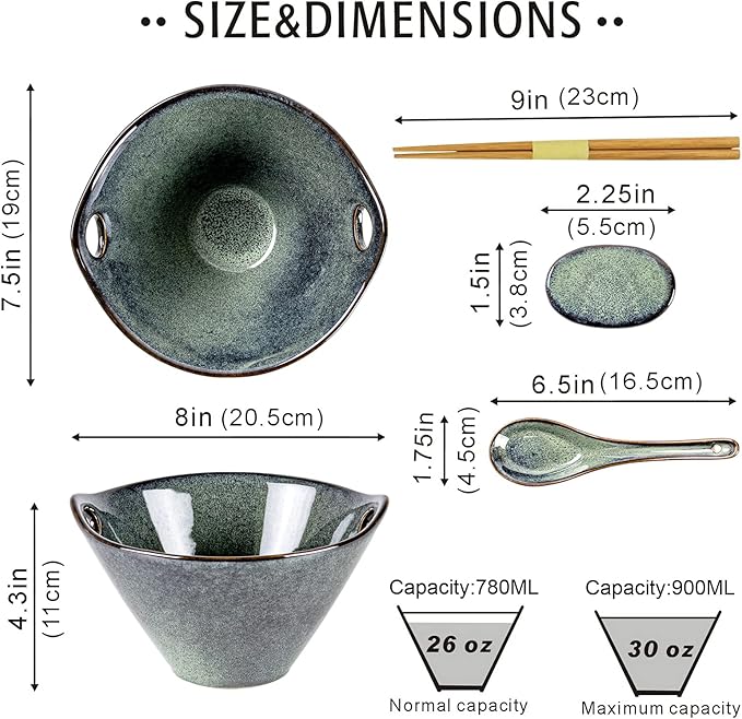 UNICASA Japanese Ramen Bowl Set with Chopsticks, Spoons and Rests, 26oz Deep Porcelain Noodle Bowl Set of 2 for Udon, Pho, Salad, Soup (Teal Green)