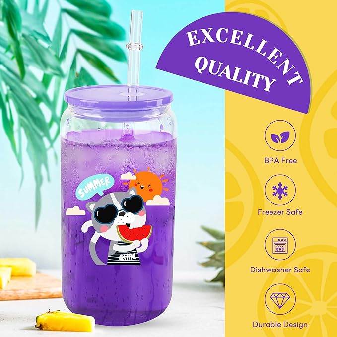 Joyclub 8 Pack Clear Sublimation Glass Cups Blanks 16 OZ Borosilicate Can Glass Tumblers with Acrylic Lids for Beer, Juice, Soda, Iced Coffee
