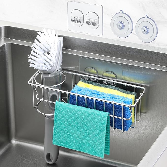 3-In-1 Sponge Holder for Kitchen Sink with Suction Cups & Adhesive Hook , In-sink Sponge Holder, Wall Hanging Sink Organizer Rack - Sponge, Dish Cloth, Brush, Scrubber - 304 Stainless Steel