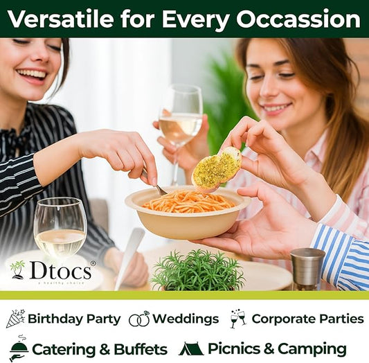 Dtocs Bamboo Fiber Disposable Bowls – 28 Oz, 70 Pk | Eco Friendly Large Bowl | Microwave Safe Bagasse Bowl for Soup, Dessert, Salad bowls | Disposable Dinnerware Alt to Paper, Plastic