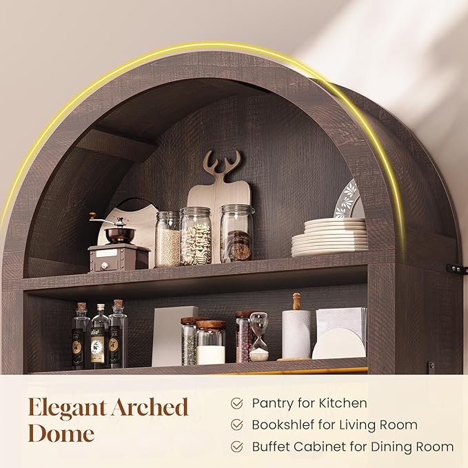 Itaar 73" Tall Arched Bakers Rack with Power Outlet and LED Light, Farmhouse Coffee Bar Cabinet, Kitchen Microwave Stand with Storage for Kitchen, Dining Room, Living Room, Brown