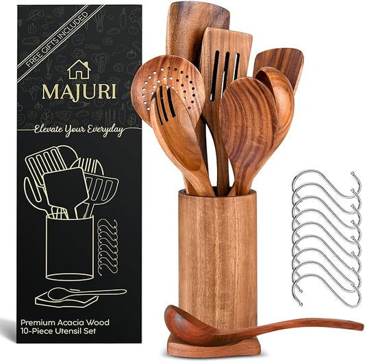 10-Piece Wooden Utensil Set with Holder, Spoon Rest & Hooks – Durable Non Toxic Cooking Utensils - Wooden Spoons for Cooking, Ideal Kitchen Utensil Set for Cooking Enthusiasts & House Warming