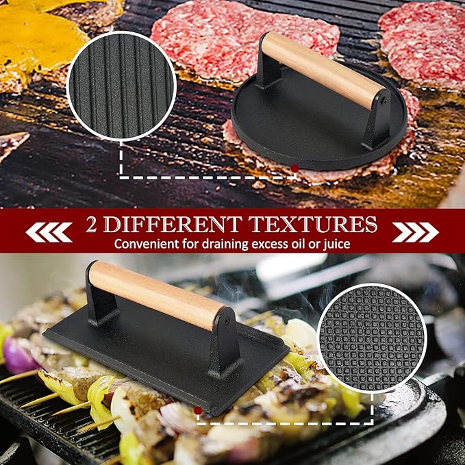 HaSteeL 2Pcs Cast Iron Bacon Press, Smash Burger Press for Teppanyaki Flat Top Griddle, Heavy Duty Round 7In & Rectangular 8x4In Grill Press, Perfect for BBQ Meat, Paninis, Tortilla, Steak, Sandwich