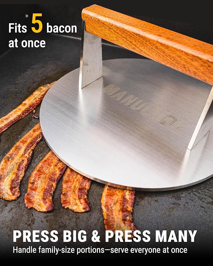 Manucode Smash Burger Press, 3.8-Lb Burger Smasher, 9-Inch Bacon Press for Batch Cooking, Stainless Steel, Easy to Clean and Seasoning Free, Heatable for Searing Panini, Steak, Chicken, Fish, Round