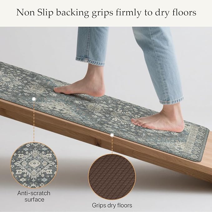 GENIMO Kitchen Mats for Floor, 2PCS Kitchen Rugs Non Slip Washable, Waterproof Anti Fatigue Mat, Comfort Standing Runner Rug for Sink, Office, Laundry, Home, 17.3"x47"+17.3"x30", Blue