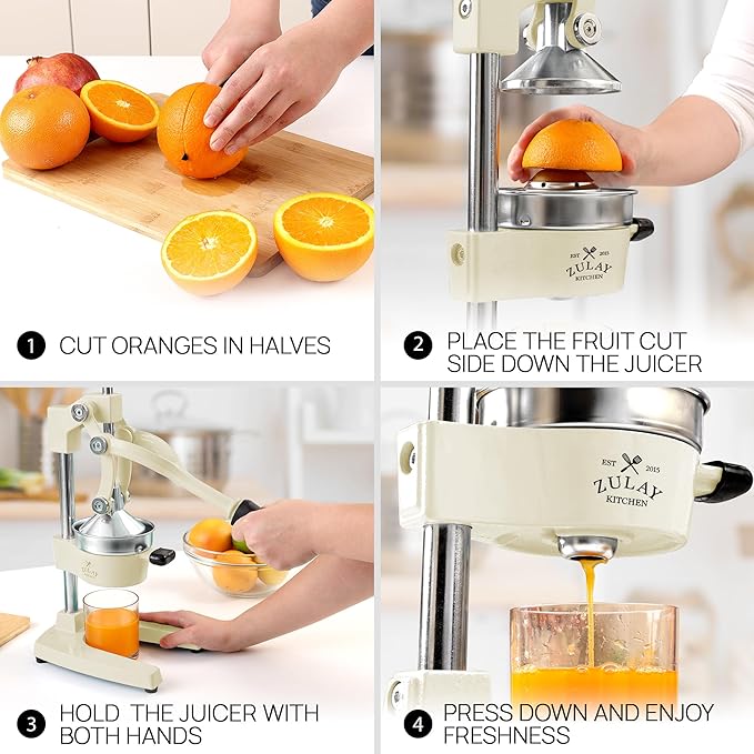 Zulay Kitchen Cast Iron Juicer - Easy-to-Clean Heavy-Duty Manual Juicer, Professional Citrus Juicer - Stainless Steel Lemon Squeezer - Manual Citrus Press & Orange Squeezer - Orange Juicer (Cream)