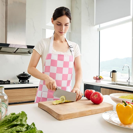 2 Pack Checkered Kitchen Apron, Pink Checkerboard Aprons for Women with Pockets Cute Aesthetic Trendy, Chef Apron for Men, Waterproof Aprons for Cooking