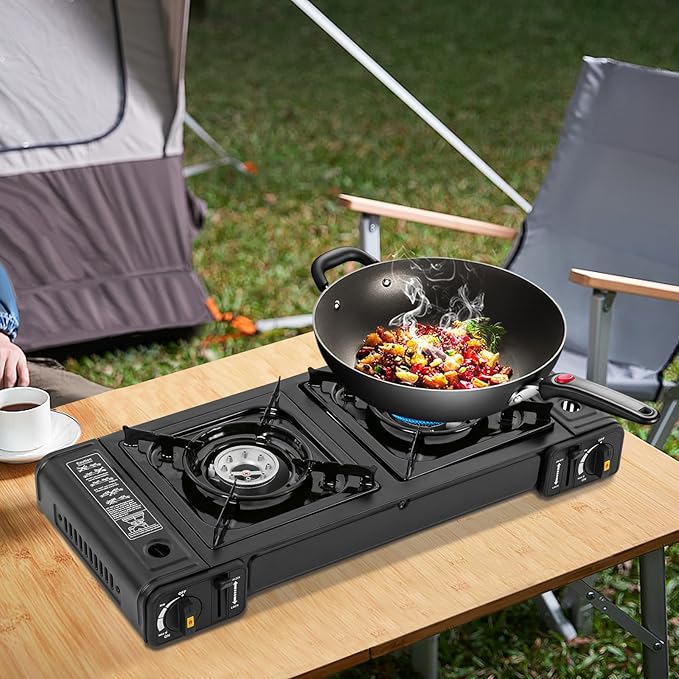 Camping Stove, Portable Butane Camping Stove, Propane Stove 2 Burner Propane Gas Stove, Double Auto Ignition Camping Burner LPG for RV, Apartments, Motorhome, Outdoor, Indoor
