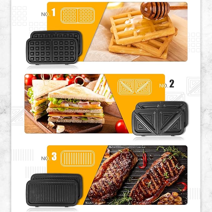 3-in-1 Belgian Waffle Maker 1200W, Breakfast Sandwich Maker & Waffle Iron with Removable Nonstick Plates, 5-Gear Temperature Control, Cool Touch Handle, Easy to Clean for Family Breakfast