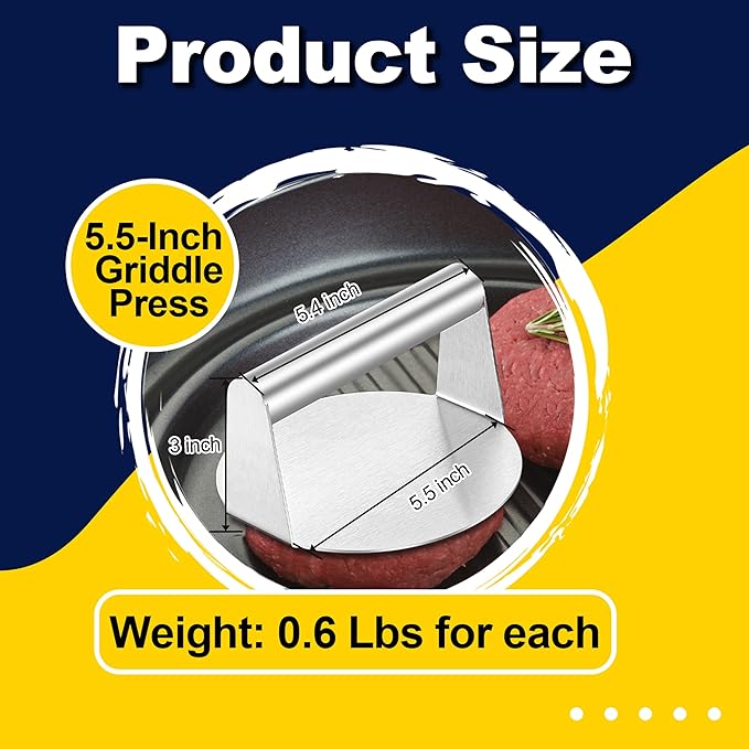 HaSteeL 12In Cheese Melting Dome & 5.5In Bacon Press, Stainless Steel Round Basting Cover, Smash Metal Burger Griddle Grill Press Weight for Teppanyaki Flat Top Iron Skillet Cooking, Dishwasher Safe
