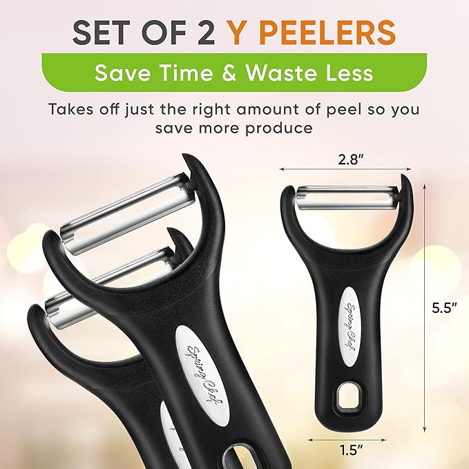 Spring Chef Swivel Vegetable Y Peeler with Sharp Stainless Steel Blades, Set of 2 & Premium Lemon Zester (Fine Grater) with Handle - 3 Product Bundle - Black