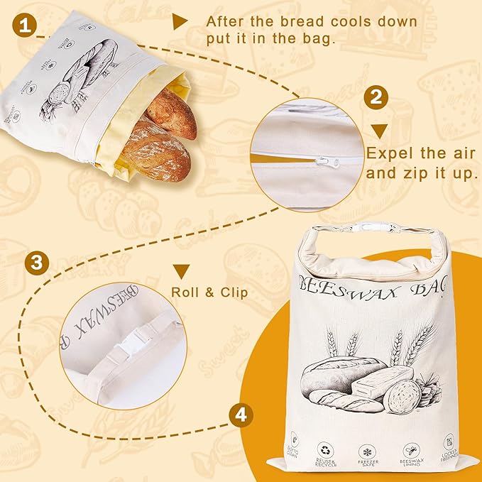 2-Pack Reusable Beeswax Bread Bags for Sourdough & Homemade Bread，Cotton Waxed Bags Keeps Fresh Longer(Amber Wheat)