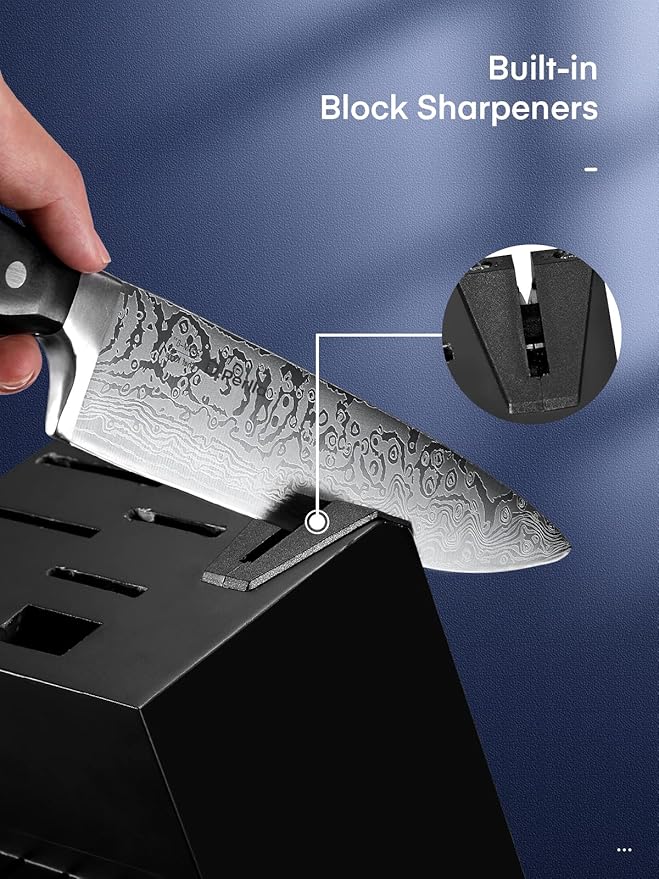 Knife Set, D.Perlla 15 Pieces Kitchen Knife Set with Built-in Sharpener, High Carbon Stainless Steel Knife Block Set with Unique Waved Pattern, Triple Riveted Ergonomic Handle, Black
