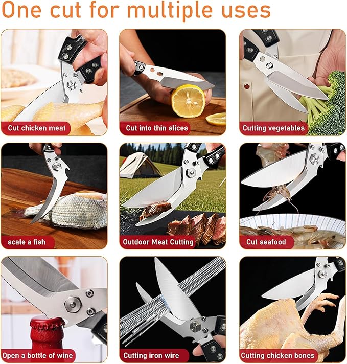 Professional Heavy Duty Kitchen Shears for Food – All in one Stainless Steel Chicken Shears Cut Bones, Meat, Fish Scales, Bottle Opener, Dishwasher Safe, Gift for Christmas Thanksgiving，Black Red