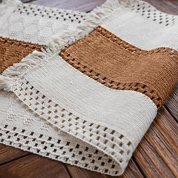 Alynsehom Macrame Table Runner Cream Beige and Caramel Boho Table Runners with Tassels Hand Woven Cotton Table Runner Rustic Farmhouse Table Runners for Bohemian Kitchen Dining Table(12x48in)