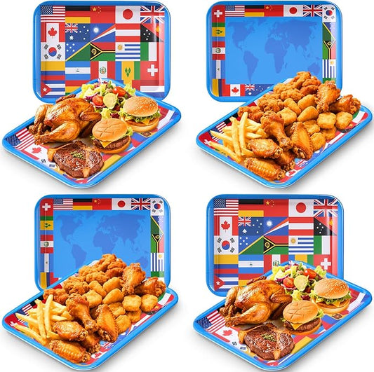 Vesici 4 Pack World Flag Serving Trays 13x10 Melamine Platters for Around the World Party Decorations, Rectangular International Map Dishes for Multicultural Global Theme Appetizers, Missionary Events