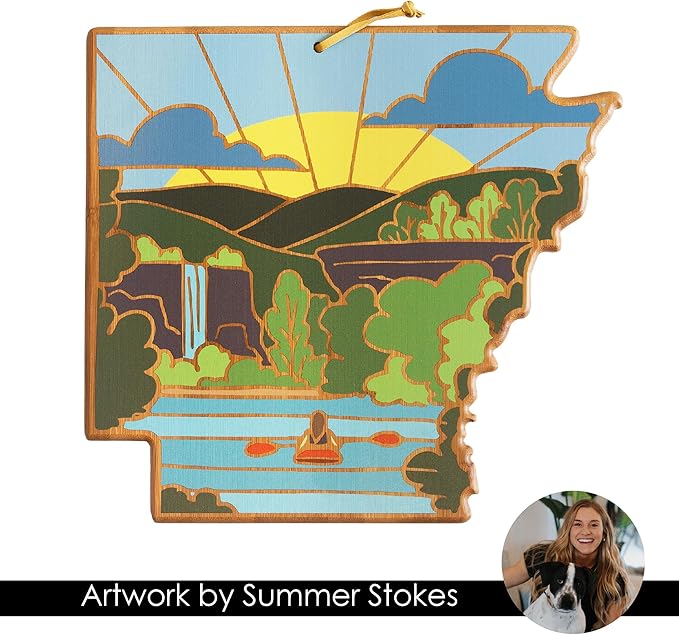 Totally Bamboo Arkansas State Shaped Cutting Board and Charcuterie Serving Platter with Artwork by Summer Stokes, Includes Hang Tie for Wall Display