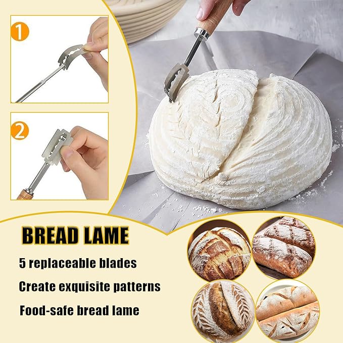Danish Dough with Sourdough Scoring Tool-Bread Whisk Set of 6 Pieces-Dough Hook,Dutch Whisk,Bread Lame,Bench Scraper & Pastry Brush Bread Making Tools and Baking Supplies