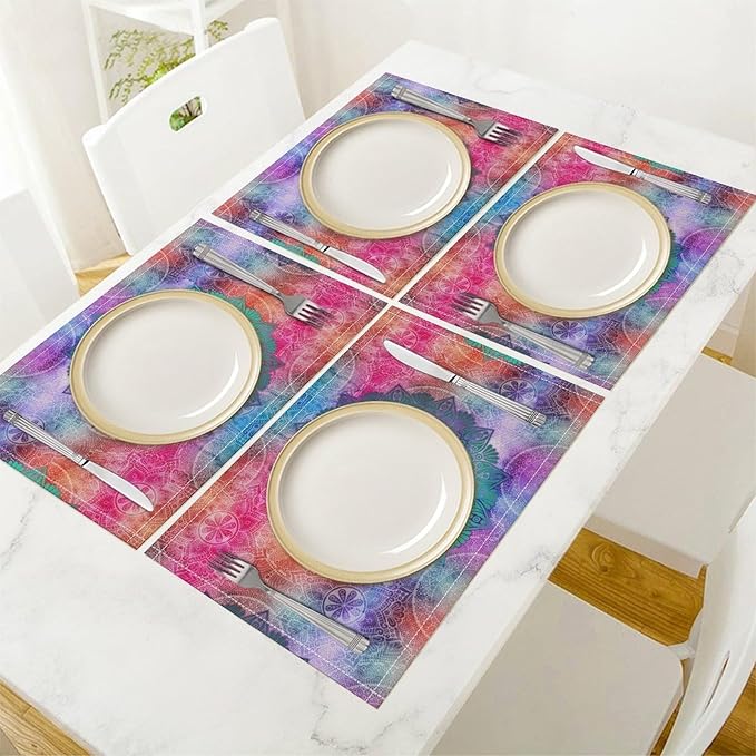 Boho Mandala Placemats Set of 4 Abstract Bohemia Floral Art Printed Dining Table Mats for Restaurant Home Kitchen Holiday Picnic Party Decor 12x18in