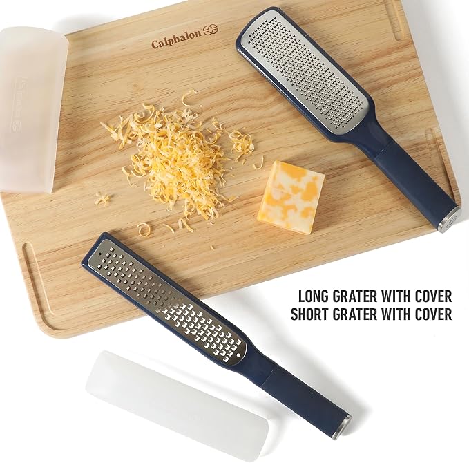 Calphalon Edge 2 Piece Stainless Steel Handheld Cheese Grater and Lemon Zester W/Covers & Rubber Handles - Navy Blue