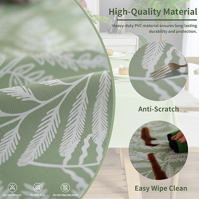 Rectangle Table Cloth,100% Waterproof Tablecloth Oil Proof Spill Proof Vinyl Table Cloth, Wipe Clean Plastic Table Cover for Dining, Camping, Indoor and Outdoor 54" x 84",Green Leaves