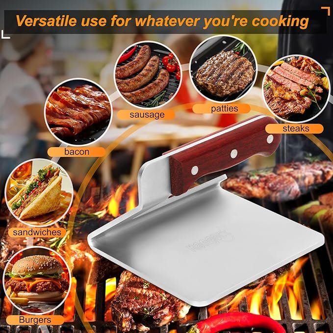 Smash Burger Press, 5.5 Inch -Heavy Duty Stainless Steel Burger Press Meat Steak with Wood Handle,Burger Tool for Smash Burgers, Bacon,Patty, BBQs and Tailgates