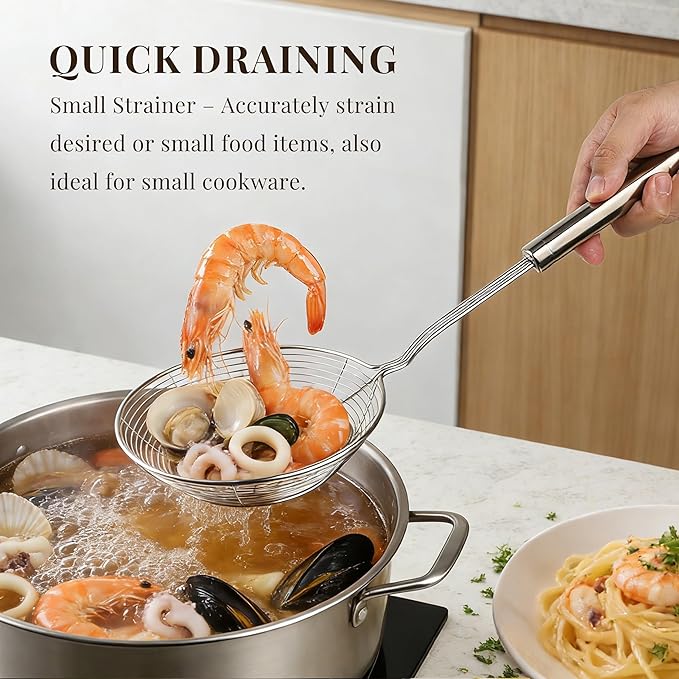 Fine Mesh Strainer & Spider Skimmer Spoon Set of 3, Stainless Steel Kitchen Utensils for Frying, Soup & Pasta (5.5”+6.3”+7.9”)
