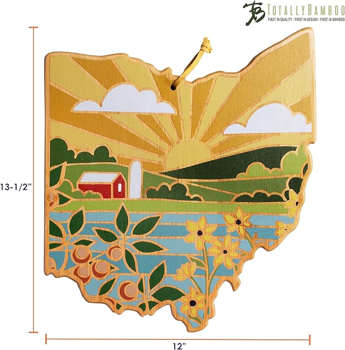 Totally Bamboo Ohio State Shaped Cutting Board and Charcuterie Serving Platter with Artwork by Summer Stokes, Includes Hang Tie for Wall Display Varies