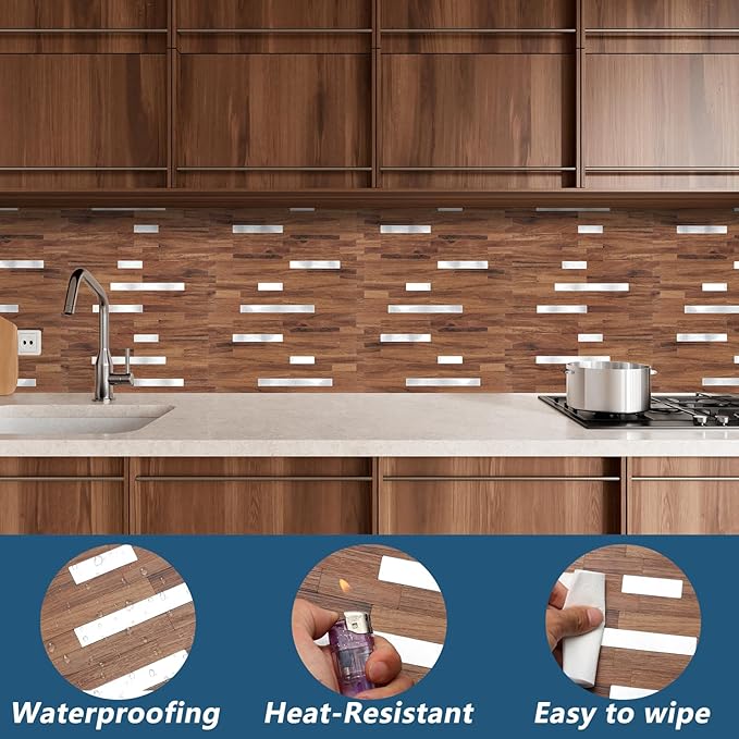 Yipscazo 40 Sheets PVC Wall Tiles Stick on Tiles for Backsplash Kitchen, Bathroom, Laundry Room, Camper, Fireplace (6'' X 12'', Brown Wood)