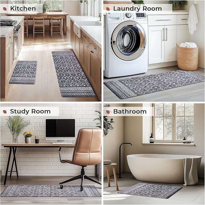 FRESHMINT Anti Fatigue Kitchen Mats for Floor 2 Piece Set, Waterproof & Non-Skid Moroccan Geo Kitchen Rugs, Cushioned Kitchen Mat for Standing Washable Comfort Desk Kitchen Runners, 17x30''+17x47''