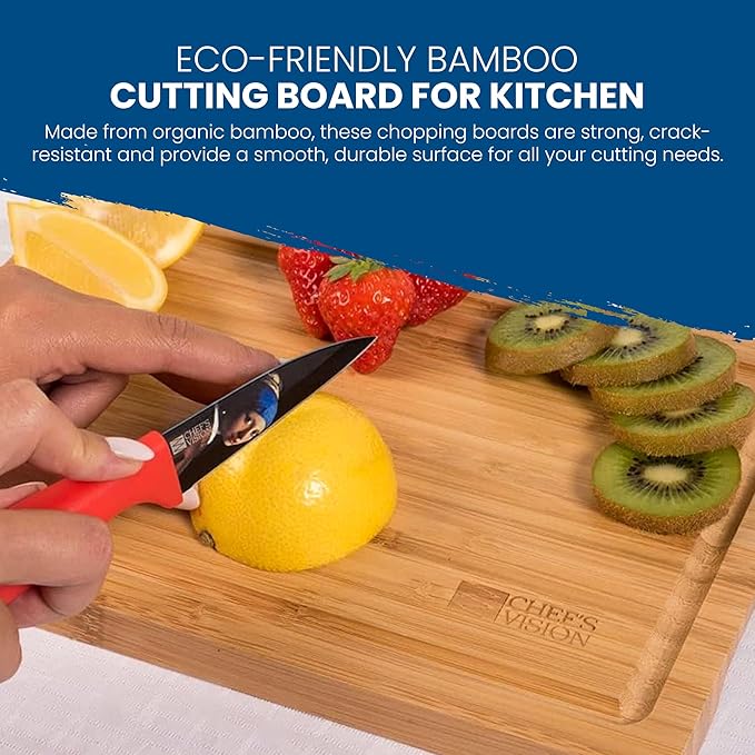 Chef's Vision Bamboo Cutting Board Set - 3-Piece Organic Wooden Cutting Boards for Kitchen - Durable, Non-Toxic, and Eco-Friendly Bamboo Chopping Board - Extra Large, Large, and Medium Sizes