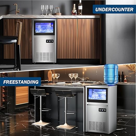 140Lbs/24H Ice Maker Machine with 30Lbs Ice Capacity for Commercial &Home use, 50Pcs Clear Ice Cubes per Round in 11-20Mins, Stainless Steel Under Counter Freestanding Ice Machine Maker