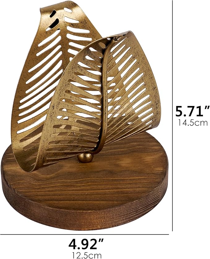 Gold Leaf Napkin Holder for Dining Table, Decorative Stainless Steel Paper Napkin Organizer with Wood Base, Vintage Tabletop Stand for Kitchen, Bar, or Outdoor Use (Gold)