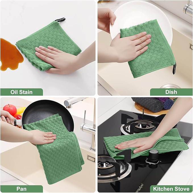 Homaxy 100% Cotton Kitchen Towels and Dishcloths Set, 12 x 12 & 15 x 25 Inches, Set of 10 Bulk Terry Cloth Dish Towels, Super Soft and Absorbent Hand Towel with Hanging Loop, Grass Green